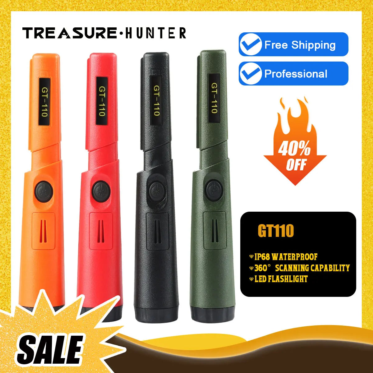 Treasure Hunter GT110 Handheld Pinpointer Metal Detector - Waterproof, Anti-Scratch, 360-Degree Scan with Pointer Probe