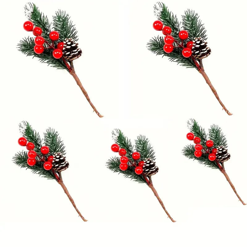 Set of 5 Realistic Artificial Winter Berries & Pine Branches – Christmas Home Decor