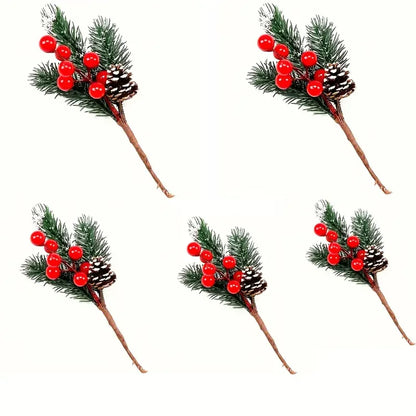 Set of 5 Realistic Artificial Winter Berries & Pine Branches – Christmas Home Decor