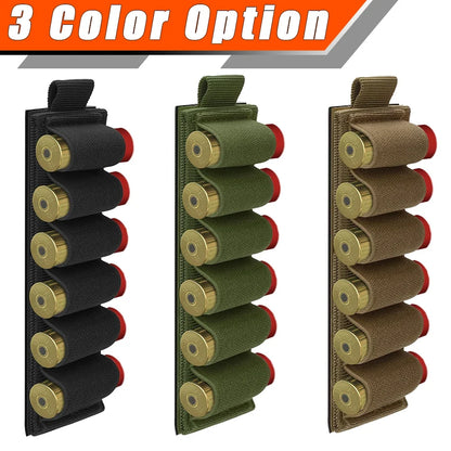 12 Gauge Shotgun Shell Holder - 6 Round Elastic Ammo Carrier with Hook & Loop Mount
