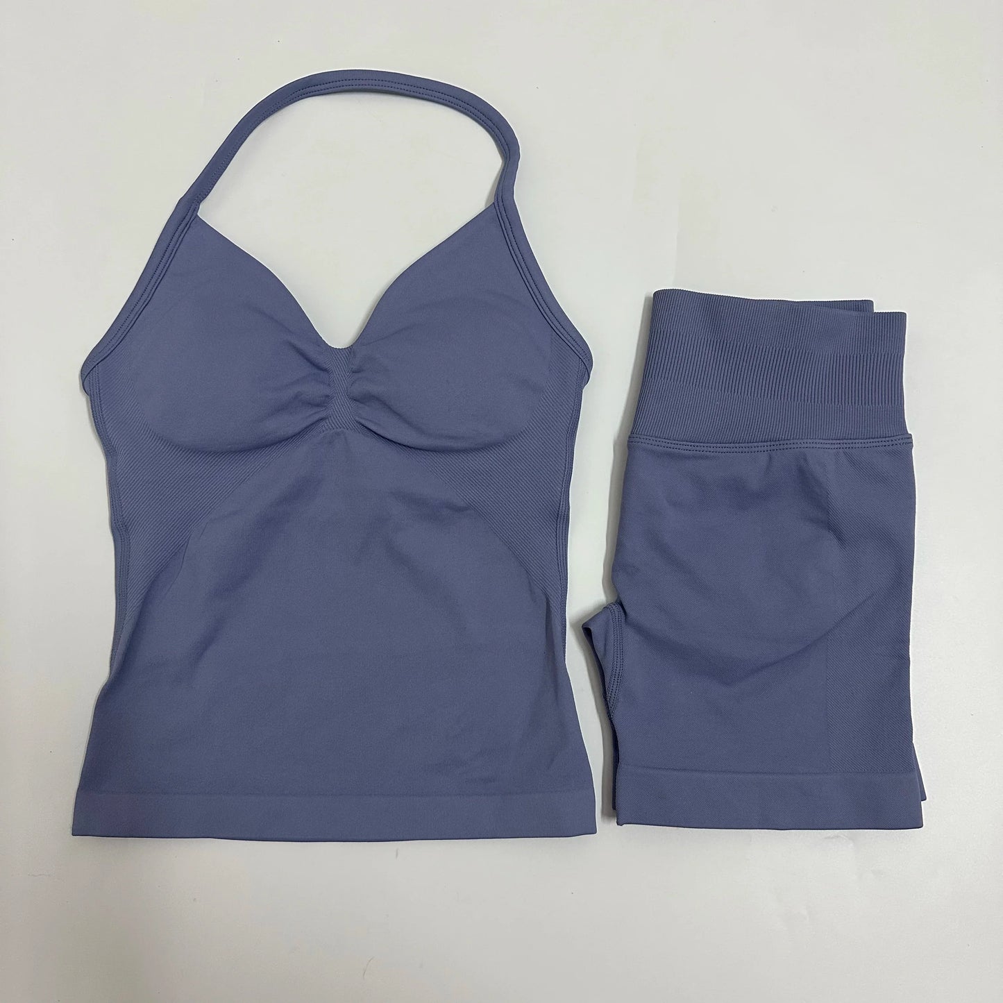 2-Piece Women’s Yoga Set – Seamless Longline Strappy Tank Top & Scrunch Sports Shorts, Summer Workout Gym Outfit