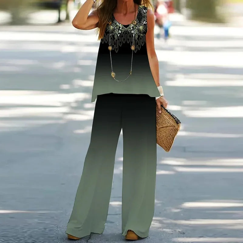 Women Printed 2-Piece Summer Suit Set – Sleeveless Round Neck Top & Wide Leg Pants Casual Loose Fit Outfit