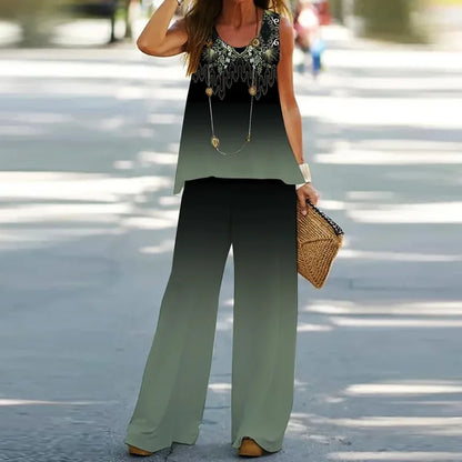 Women Printed 2-Piece Summer Suit Set – Sleeveless Round Neck Top & Wide Leg Pants Casual Loose Fit Outfit