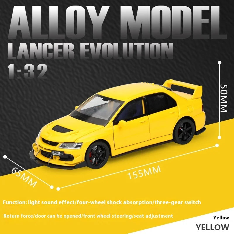 JDM 1:32 Mitsubishi Lancer Evolution IX — Diecast Metal Alloy Racing Car Model with Sound & Light, Right Rudder Gift