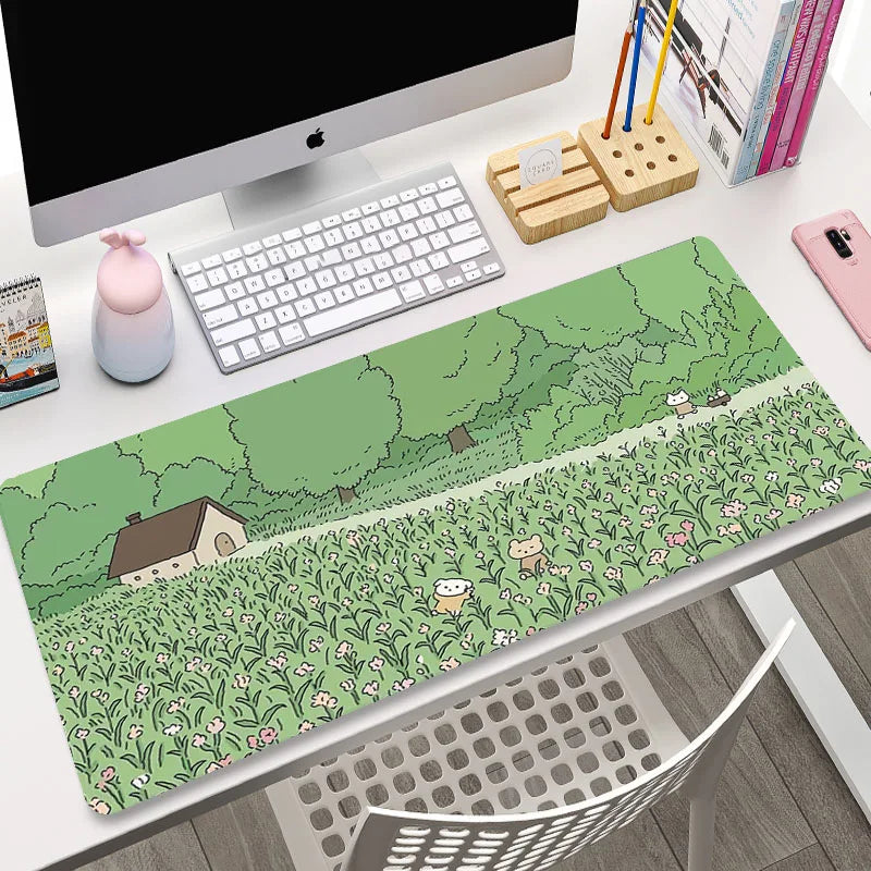 Cute Cat Gaming Mouse Pad - XL Green Plant Design XXL Desk Mat for Keyboard Computer Laptop Gamer Setup