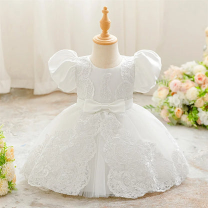 Infant Baby Girl Flower Embroidery Dress - Elegant Bow Princess Gown for Weddings, Baptism & Special Occasions
