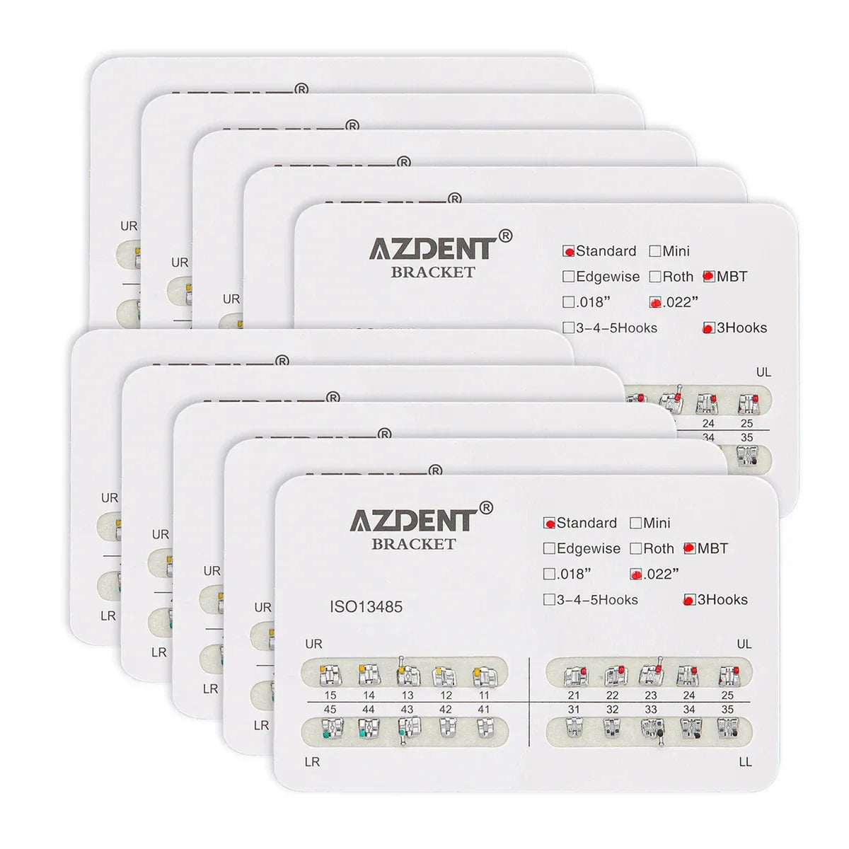 AZDENT 10 Packs Dental Brackets – Orthodontic Metal Mini Standard Roth MBT Slot 0.022/0.018 with Hooks, 20 Pcs per Pack