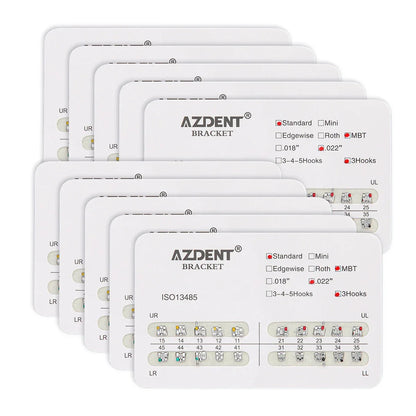 AZDENT 10 Packs Dental Brackets – Orthodontic Metal Mini Standard Roth MBT Slot 0.022/0.018 with Hooks, 20 Pcs per Pack