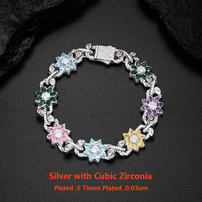 New Iced Out Moissanite Chain Necklace & Colorful Flower Bracelet – Hip Hop S925 Silver, 18K Plated Jewelry for Men & Women