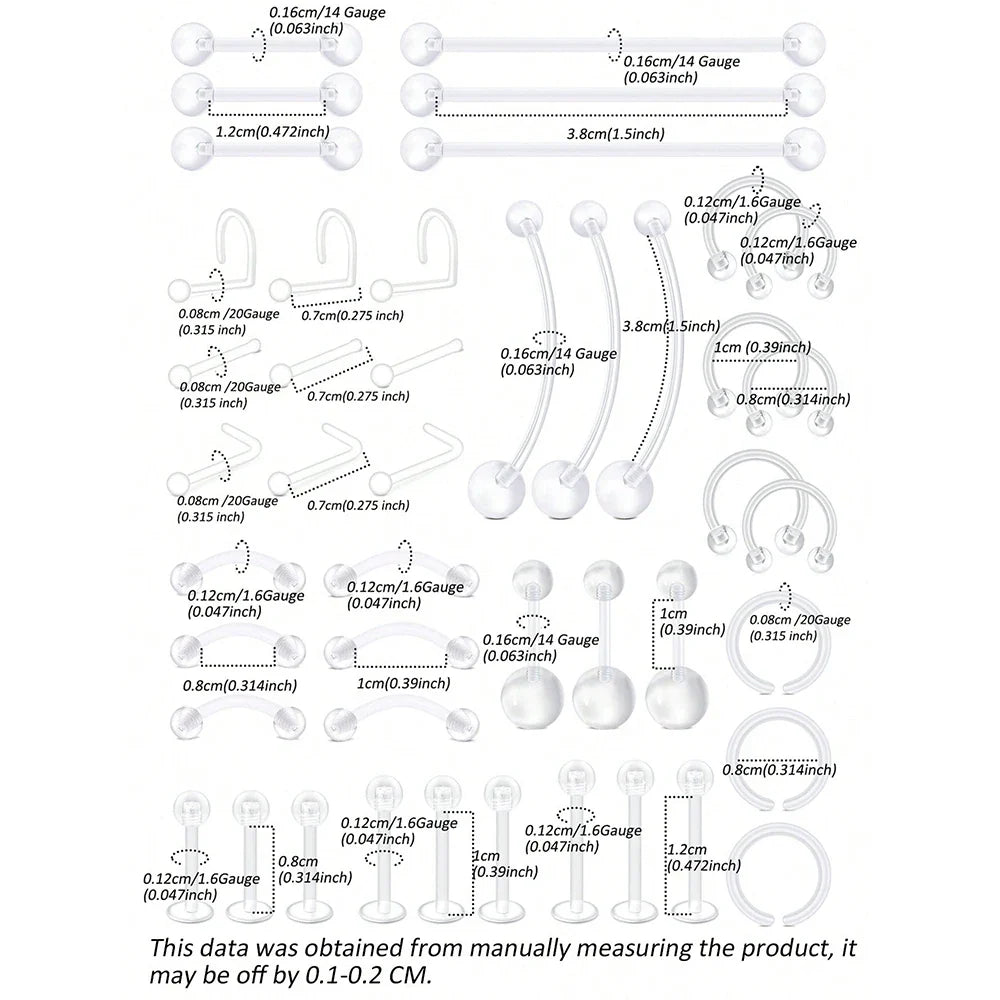 Transparent UV Acrylic Body Piercing Set – Navel, Nose, Septum, Ear & Lip Rings