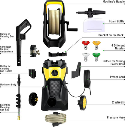 2200W Electric High Pressure Washer – 150 Bar with 4 Quick-Connect Nozzles & 10m Hose for Cars, Gardens & Terraces