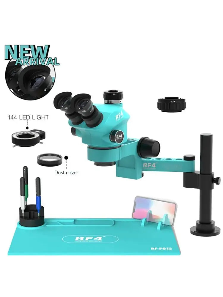 RF4 Trinocular Stereo Microscope Set – 360° Rotation Articulating Arm Stand, Phone Soldering & PCB Repair, Model RF7050TVPRO-F019