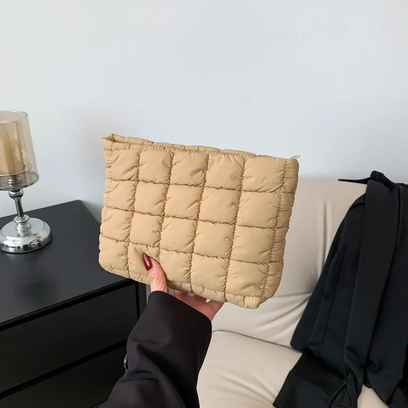 Women’s Quilted Cosmetic Bag — Portable Square Makeup Clutch & Small Toiletry Organizer Handbag