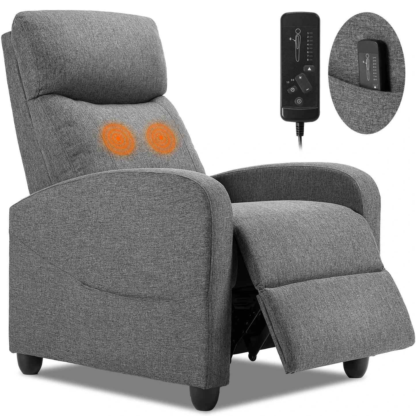 Recliner Massage Chair – Adjustable Fabric Sofa with Lumbar Support, Modern Padded Backrest for Living Room, Grey