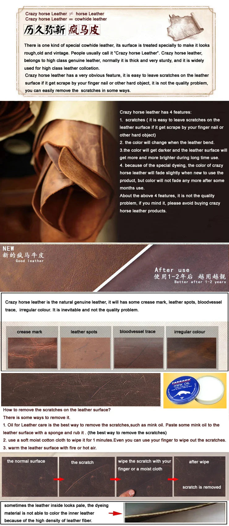 Vintage Crazy Horse Leather Backpack for Men — 17" Laptop Travel Rucksack Cowhide Hiking Bag M815