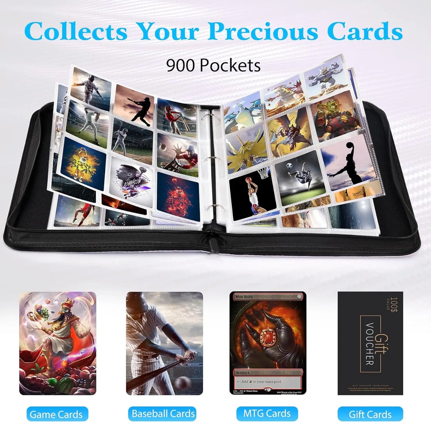 900 Pocket Card Binder Sleeves with Zipper, Double-Sided Card Holder Case for TCG CCG Storage (Black)