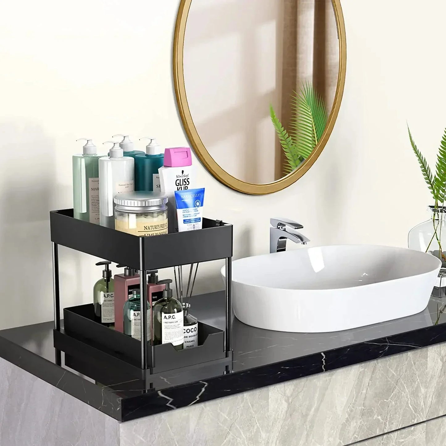 2-Tier Under Sink Sliding Cabinet Organizer — Basket Storage Rack with Hooks for Bathroom & Kitchen