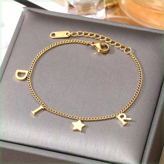 New Fashion Letter Star Pendant Bracelet – Simple Vintage Stainless Steel Luxury Jewelry for Women, Perfect Gift Accessories