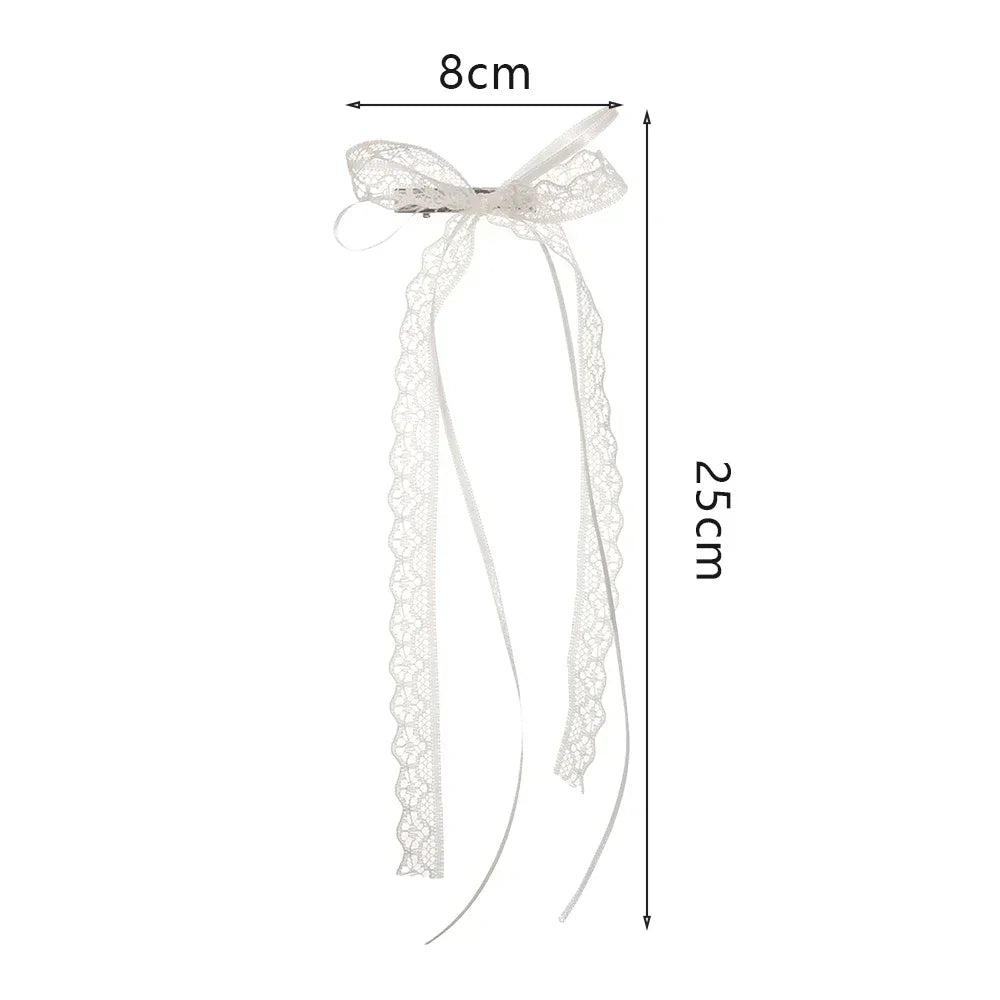2pcs Korean Fashion Lace Bow Hairpins – White Ribbon Hair Clips for Women & Girls, Top Clip, Female Hair Accessories & Gifts