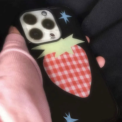Ins Style Maple Leaves Grid Strawberry Phone Case – Y2K Design for iPhone 16 Pro Max, 15 Pro, 14, 13, 12, 11, XR, XS Max, MINI7, 8Plus