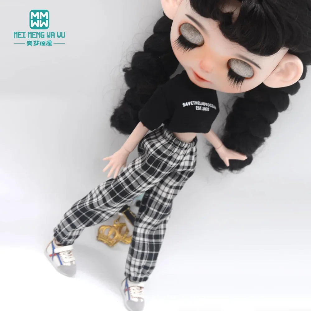 Blythe Doll Clothes – Fashion Tops, Black & White Shirts with Jeans & Plaid Pants for Azone OB22/OB24 Dolls