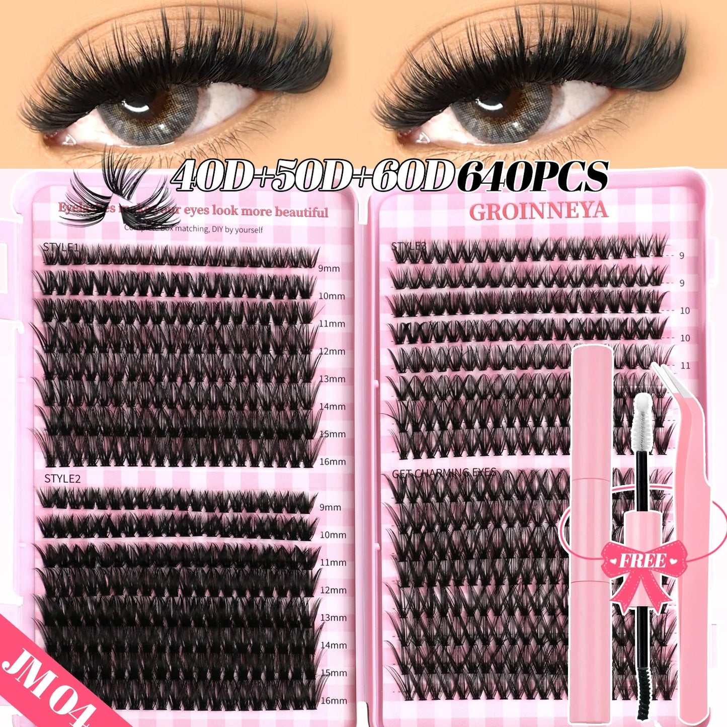 GROINNEYA DIY Mixed Lash Clusters Set – Fluffy Individual Lash Extensions Kit with Bond & Seal for At-Home Makeup