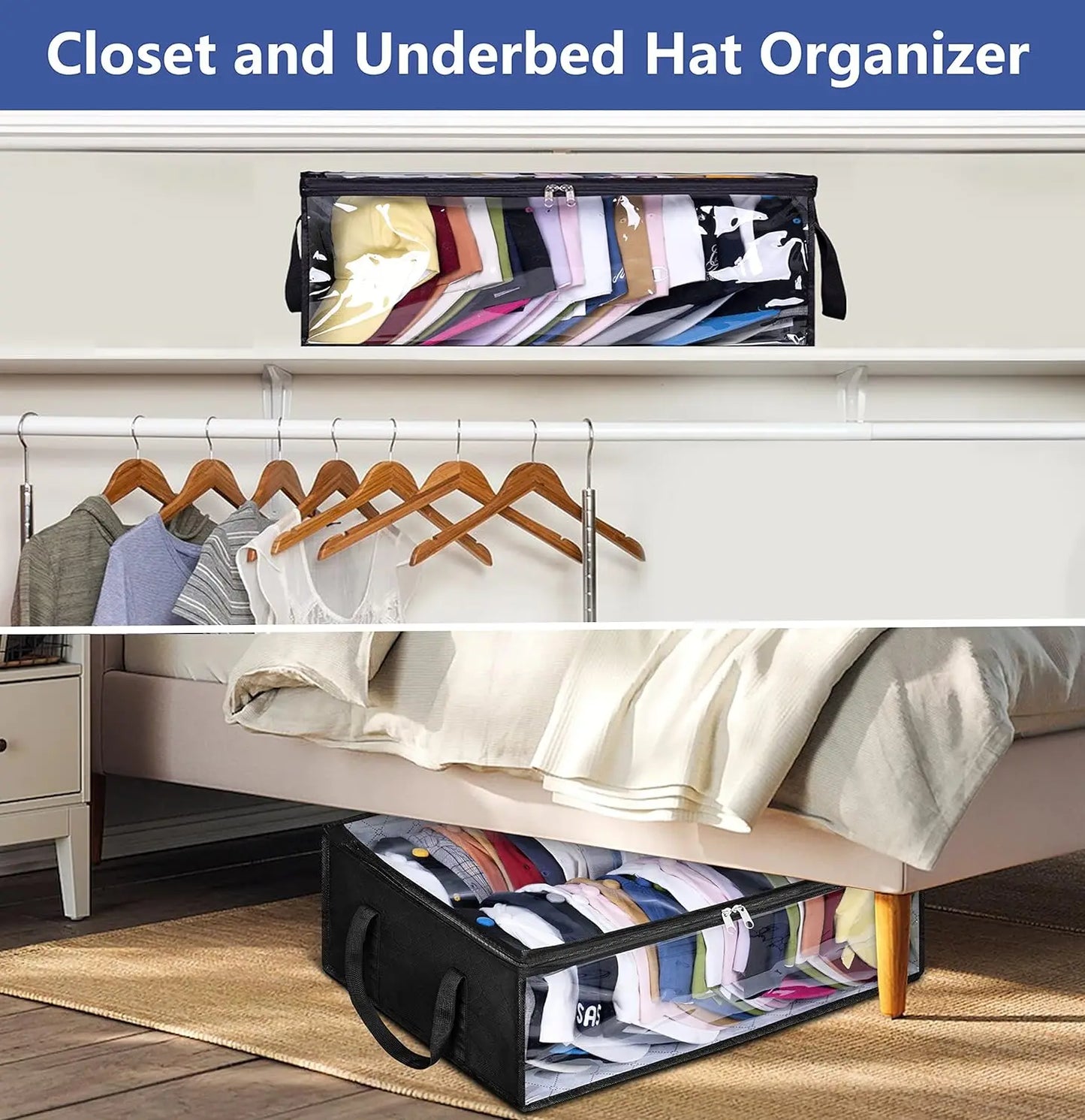 Large Capacity Hat Organizer - Black Non-Woven Cap Holder, Foldable Storage Hanging Bag for Hats and Clothes