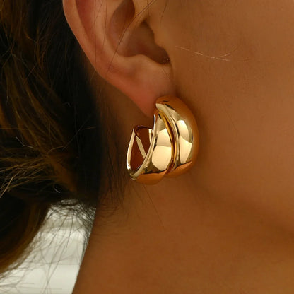 Gold Chunky Hoop Earrings for Women – Stainless Steel Double Ring Statement Jewelry