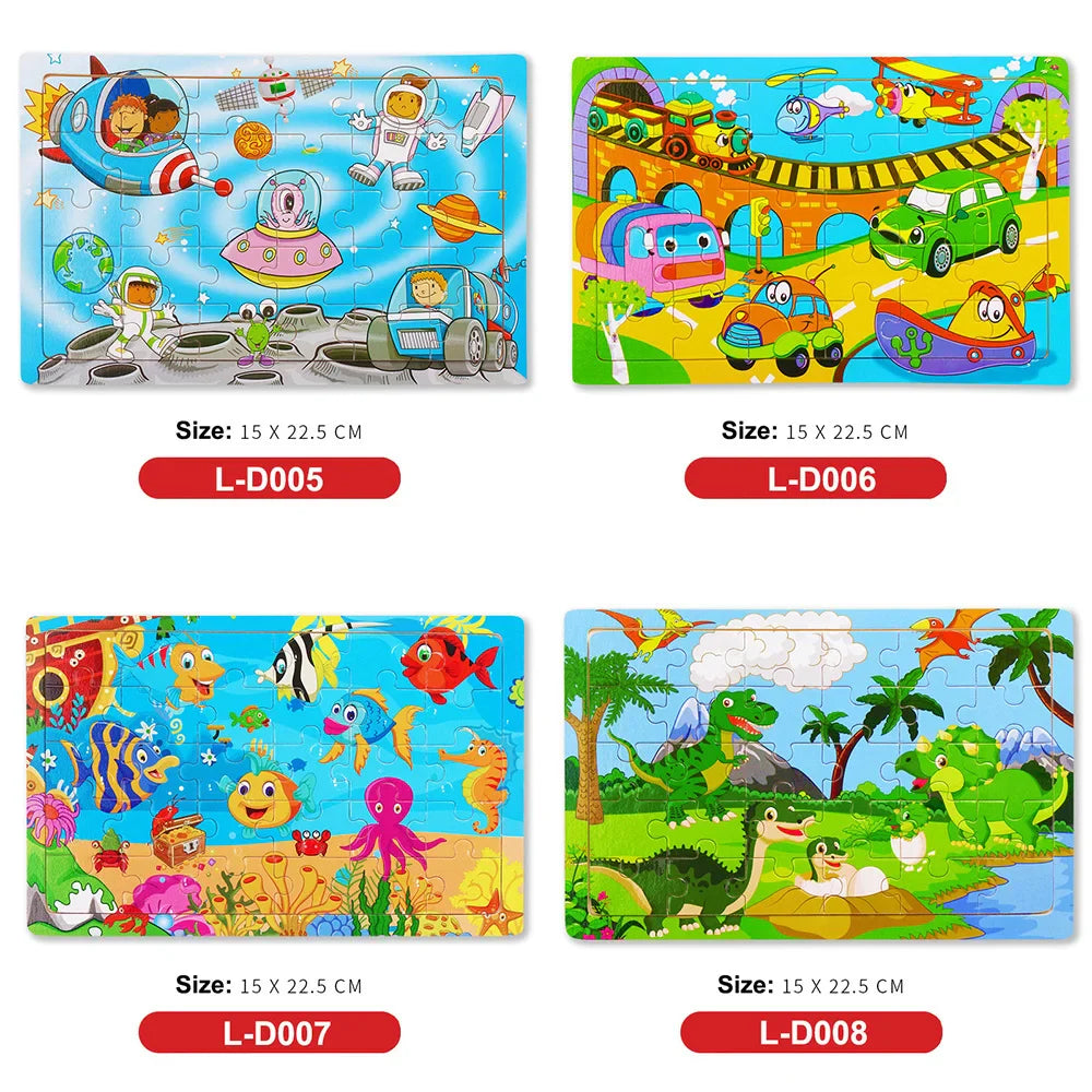 30PCS Montessori Wooden 3D Cartoon Animal Puzzle – Educational Jigsaw Board Game for Kids