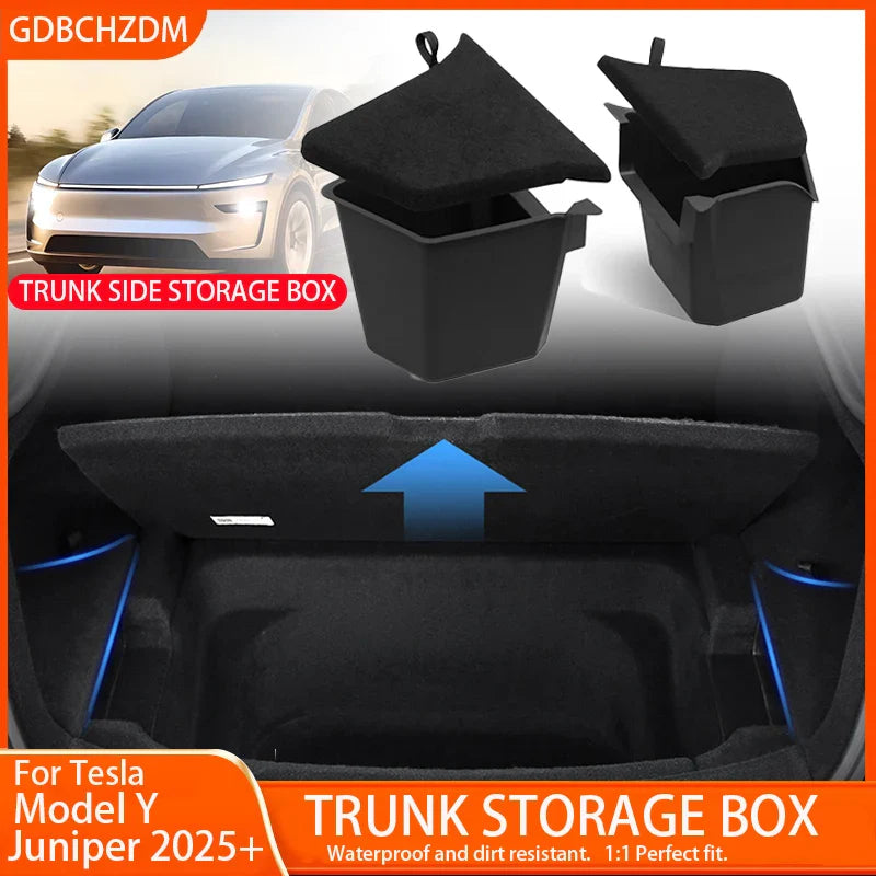 Tesla Model Y Berlin/Austin 2022-2025 Trunk Side Storage Bins – TPE Cargo Organizer with Carpet Lids