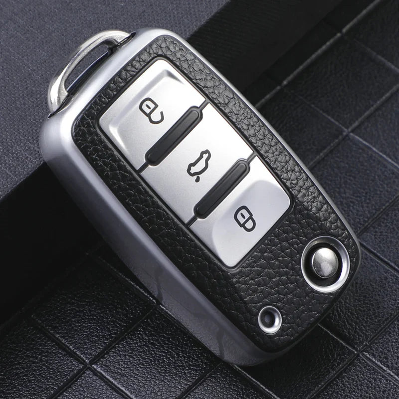 TPU Leather Car Key Case - Compatible with Volkswagen VW Bora, Polo, Tiguan, Jetta, Passat B5 B6 B7, Golf 5 6, Beetle, Skoda Octavia
