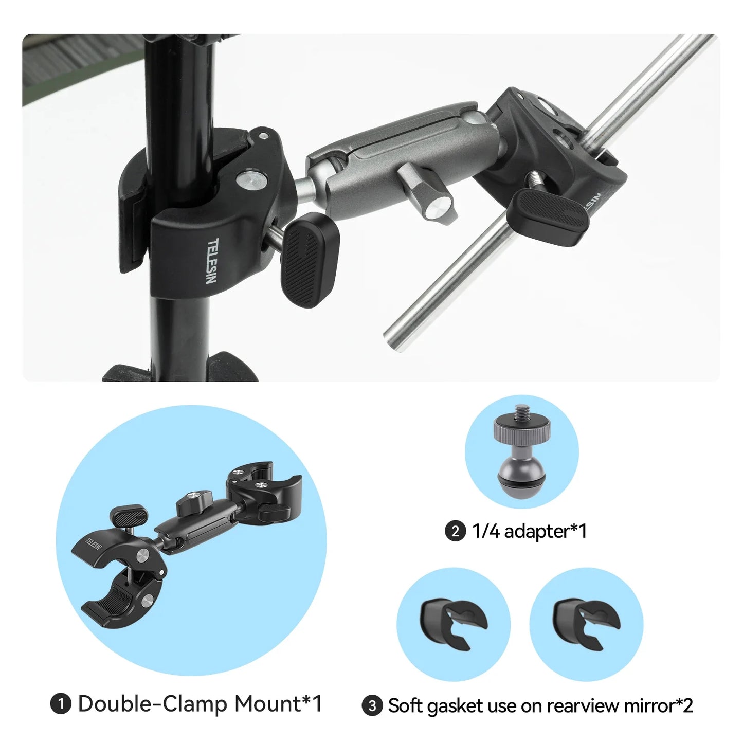 TELESIN Motorcycle Bike Monopod, Panoramic Handlebar Mount, Invisible Selfie Stick Bracket for GoPro Hero, DJI, Insta360
