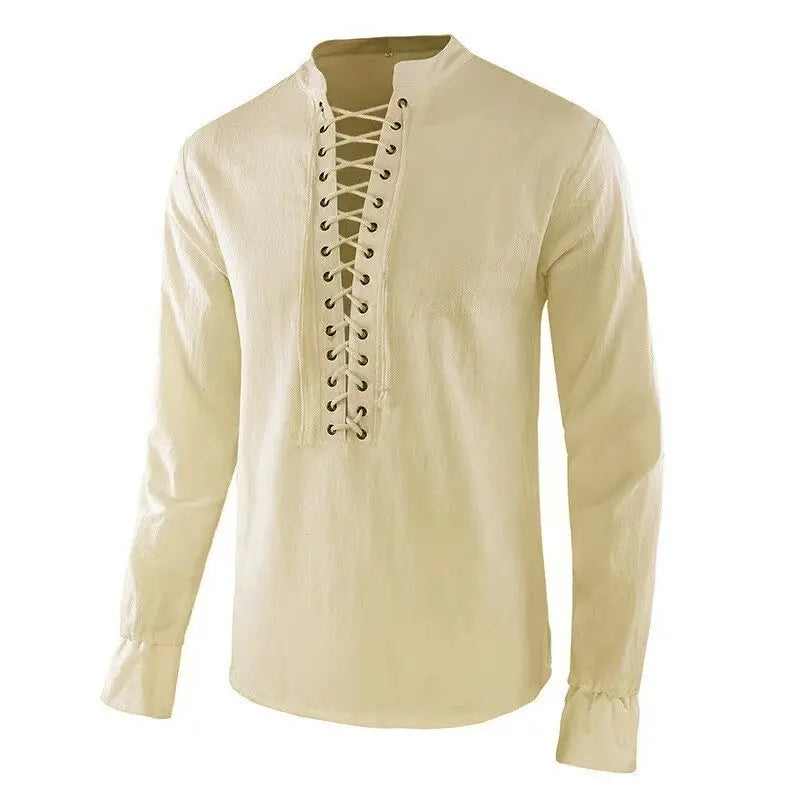 Men’s Renaissance Pirate Shirt – Medieval Viking Linen Long-Sleeve Top, Halloween Costume