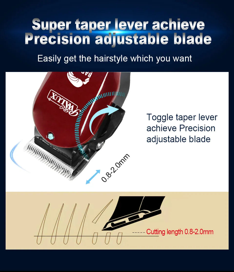 WALUX Professional AC220-240V Hair Clipper – 10W Powerful Hair Trimmer with 2M Cable & 8 Guard Combs for Home Use