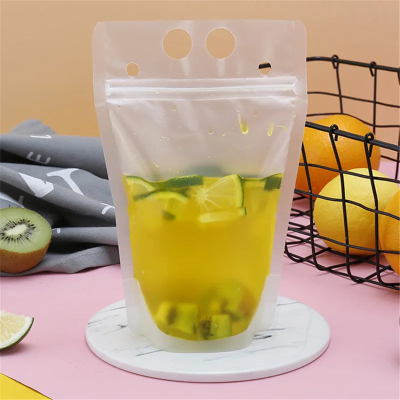 50PCS Frosted Disposable Plastic Liquid Bags with Straw - Sealable Pouches for Juice, Coffee, and Drinks - Perfect for Parties