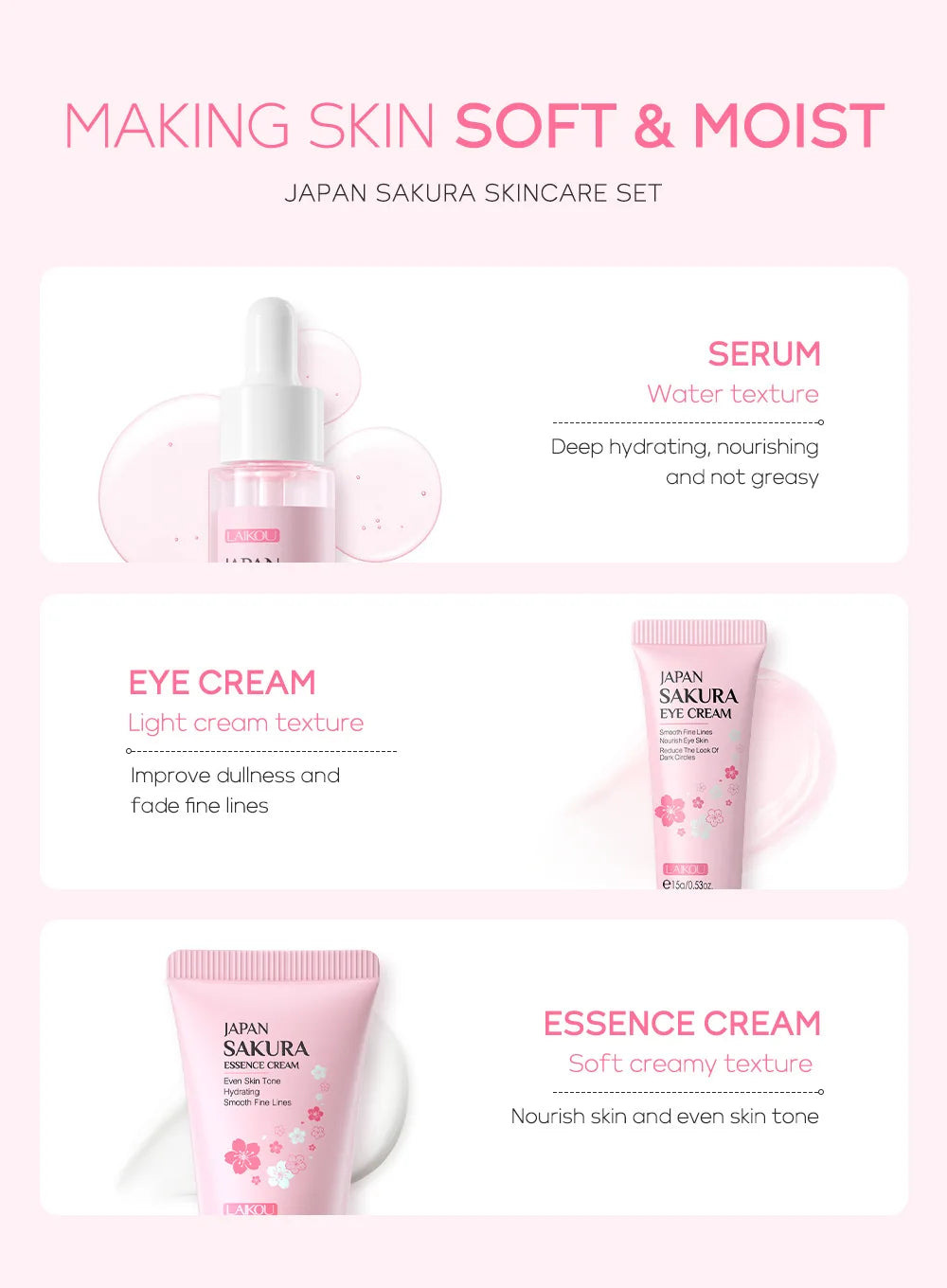 3pcs LAIKOU Vitamin C 24K Golden Sakura Skincare Set – Moisturizing Face Cream, Serum & Eye Cream