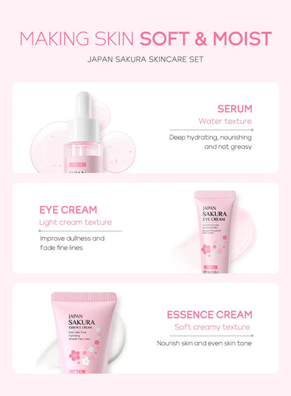 LAIKOU 3pcs Vitamin C & 24K Gold Sakura Skincare Set — Moisturizing Face Cream, Serum & Eye Cream, Anti-Wrinkle Face Care Kit