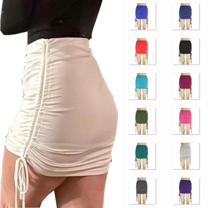 Women’s Adjustable Elastic Knitted Mini Skirt – Sexy Slim Fit Pleated Bodycon Skirt with Drawstring, Spring & Autumn Fashion