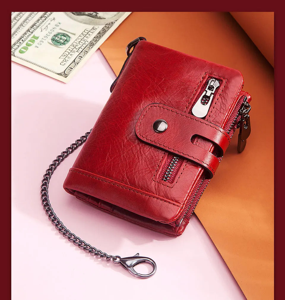 Fashion Women’s Leather Wallet — Genuine Leather Clutch with Hasp & Double Zipper, Short Coin Pocket and ID Card Holder Purse