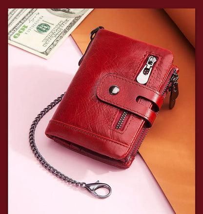 Fashion Women’s Leather Wallet — Genuine Leather Clutch with Hasp & Double Zipper, Short Coin Pocket and ID Card Holder Purse