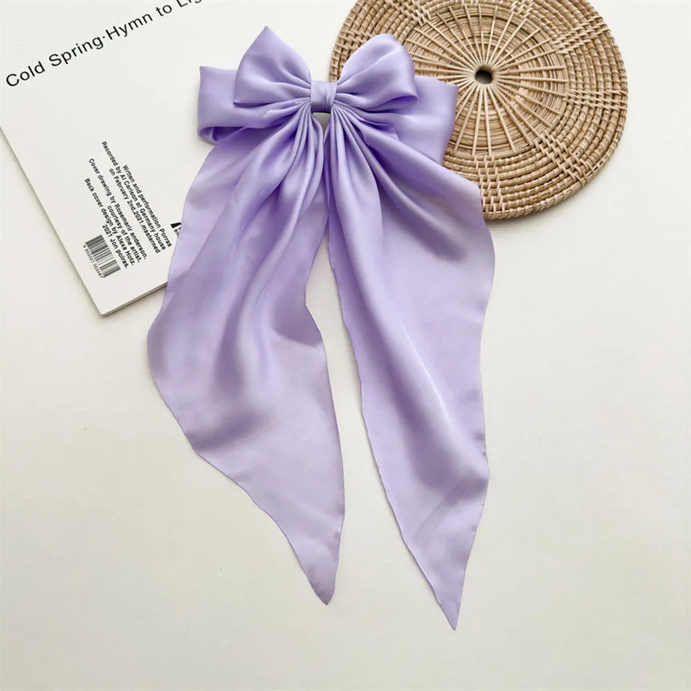 Ladies Satin Oversized Ribbon Bow Hair Clip – White, Pink, Red, Blue, Black, Long Tail Spring Clip for Ponytail Hair Accessories