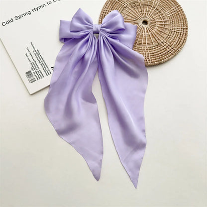 Ladies Satin Oversized Ribbon Bow Hair Clip – White, Pink, Red, Blue, Black, Long Tail Spring Clip for Ponytail Hair Accessories