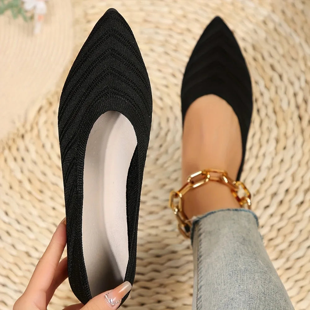 Women’s Solid Color Pointed Toe Knitted Slip-On Flats – Casual Breathable Ballet Loafers