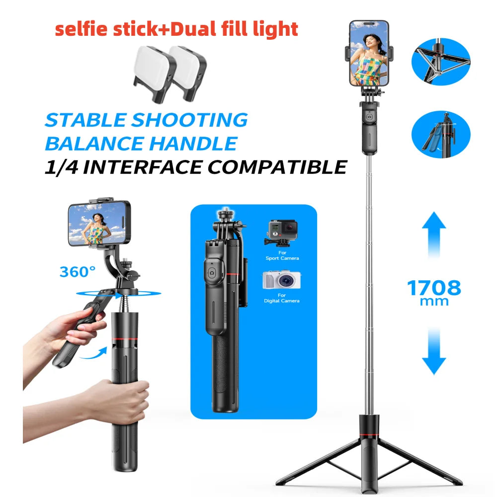 MEUYAG Selfie Stick Tripod – 1708mm Monopod with Fill Light, Bluetooth Remote, 360° Rotation & 1/4” Interface for Mobile Phones