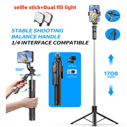 MEUYAG Selfie Stick Tripod – 1708mm Monopod with Fill Light, Bluetooth Remote, 360° Rotation & 1/4” Interface for Mobile Phones