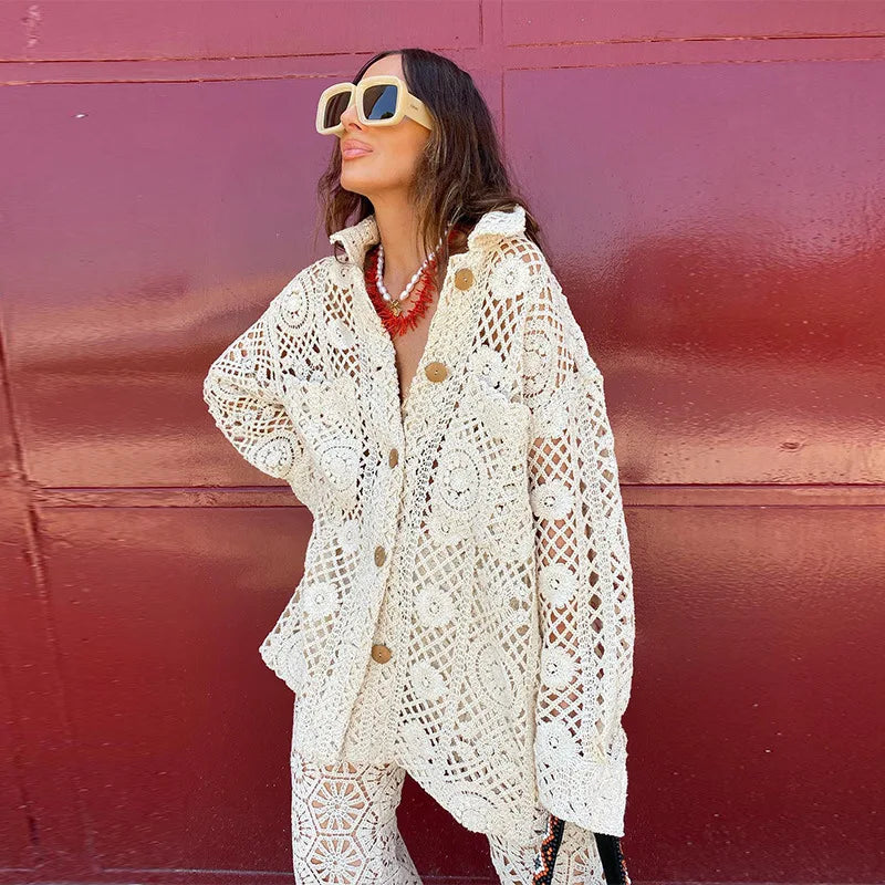 LGRQ 2025 Women’s Spring & Summer Lace Hollow-Out Shirt – Turn-Down Collar, Full Sleeve, Single-Breasted Fashion Top