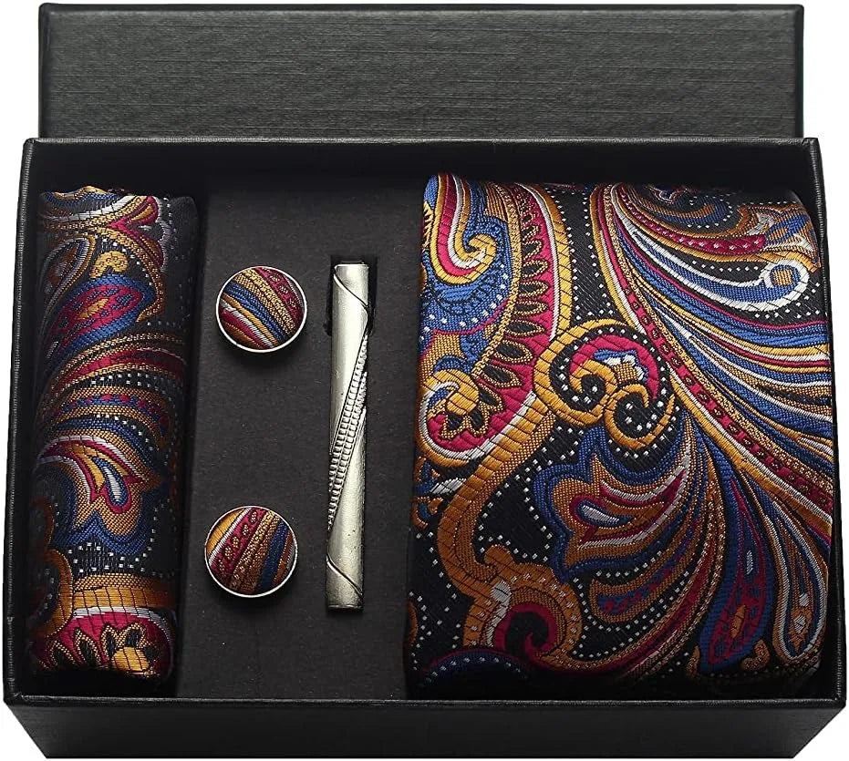 100% Silk Paisley Floral Necktie Set for Men - Premium Business Tie with Pocket Square Tie Clip Cufflinks Gift Box