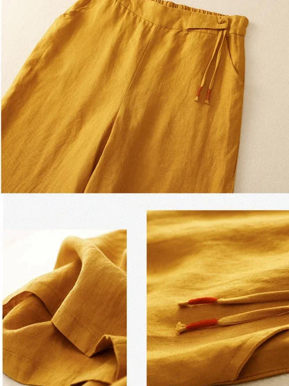Women’s High Waist Ankle Length Pants – Loose Casual Elegant Yellow Cotton Linen Wide Leg Straight Summer Trousers