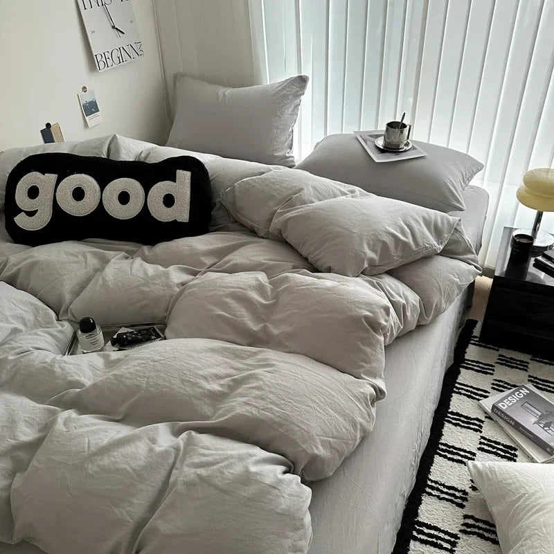 Solid Cotton Bed Linen Set – Bedding with Sheet, Duvet Cover & Pillowcases, Single to King/Queen/Twin Size