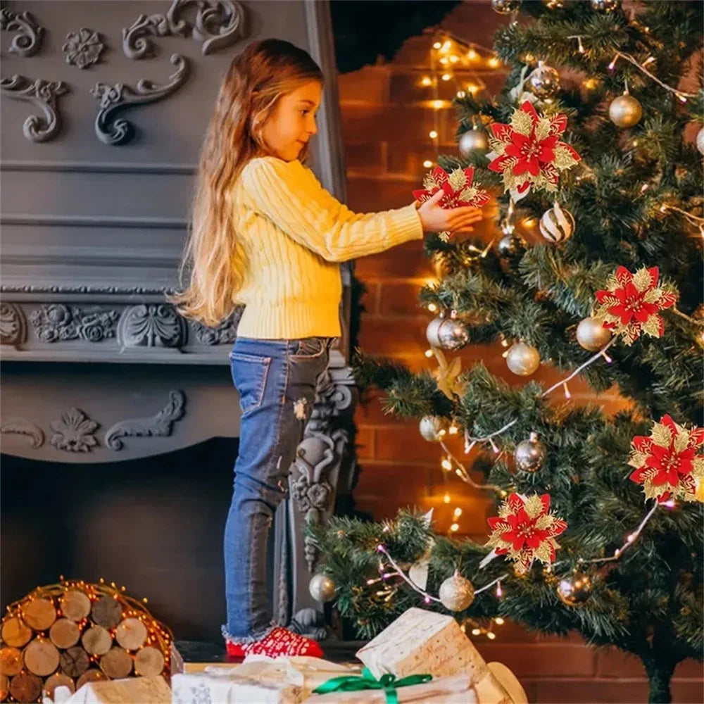 5/10PCS 14.5cm Christmas Flower Ornaments | Pink, Red, Gold Glitter Artificial Flowers for Tree & Home Xmas Decoration